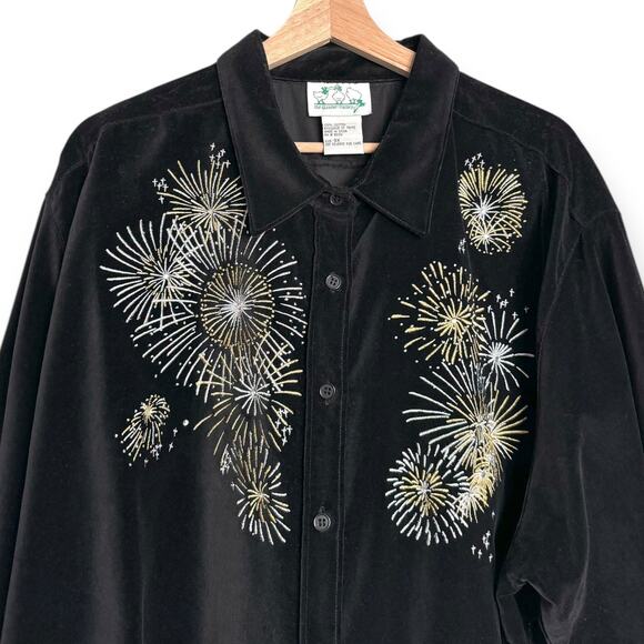 Quacker Factory Black Velour Fireworks Embroidered New Year Tunic Women's 3X - Picture 3 of 9
